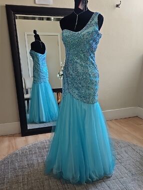 Size 10 aqua one shoulder sequin fit & flare/mermaid gown w/ tulle skirt NWT